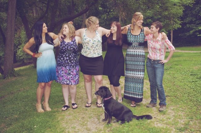 bride, bridesmaids, dog, park, happy, staring